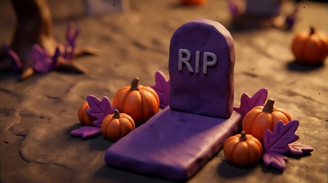 Purple clay tombstone with orange pumpkins and purple leaves