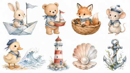 Obraz premium Cute watercolor nautical sailor animal clipart set. Bunny bear fox mouse duckling lighthouse anchor shell isolated on white background. Baby shower and kids design elements