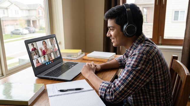 South Asian student attending remote university lecture via video call