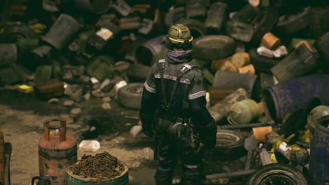 Cleanup technician surveying contaminated site, handheld flashlight beam cutting through haze, scattered cans and barrels, reflective tape catching light, damp