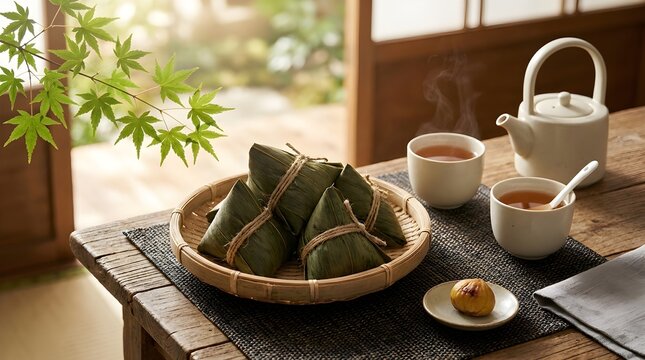 Traditional Chinese Zongzi sticky rice dumplings in bamboo basket with tea for Dragon Boat Festival