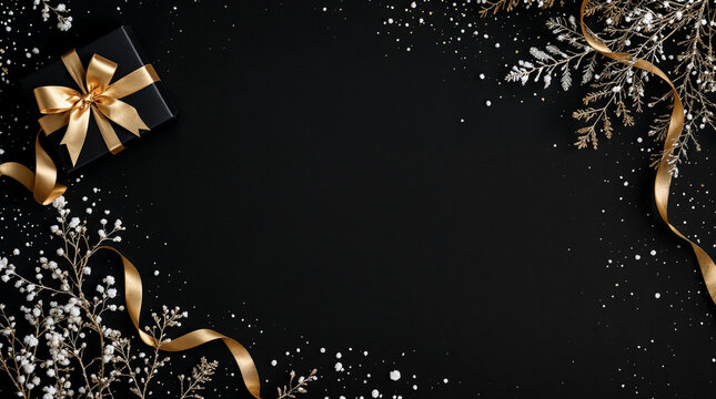 Festive background for black friday or christmas holiday with black gift box with gold ribbon, white fllower sprigs and snow flakes. Flat lay with copy space.
