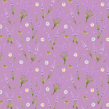 Watercolor seamless pattern with lavender bouquets and pansies on dusty lilac