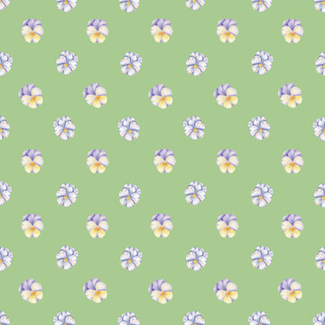 Watercolor pansy flowers seamless pattern on soft sage green background