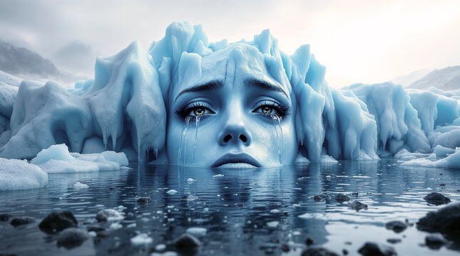 melting glacier or iceberg with female human face crying tears turning into waterfall as surreal metaphor for global warming and climate change