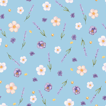Watercolor seamless pattern with lavender sprigs and wildflowers on light blue