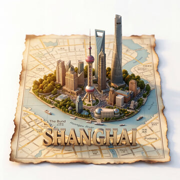 Creative China travel concept illustration featuring Shanghai skyline miniature on a retro paper map