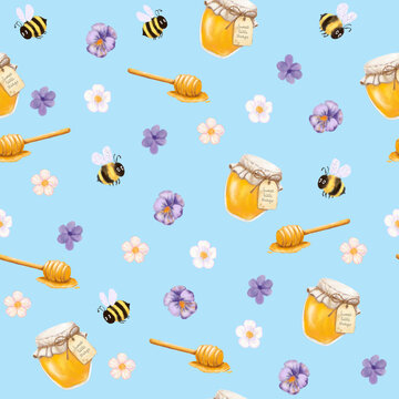 Watercolor seamless pattern with honey jars, bumblebees and flowers on light blue