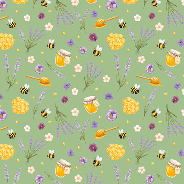 Watercolor seamless pattern with lavender, honey, bumblebees and wildflowers on sage green