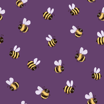 Playful watercolor bumblebee seamless pattern on deep plum background