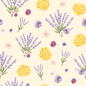 Watercolor seamless pattern with lavender bouquets, pansies and golden honeycomb