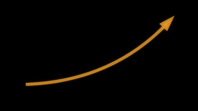 オレンジの滑らかな曲線が矢印とともに右肩上がりに加速して上昇する透過ループ動画