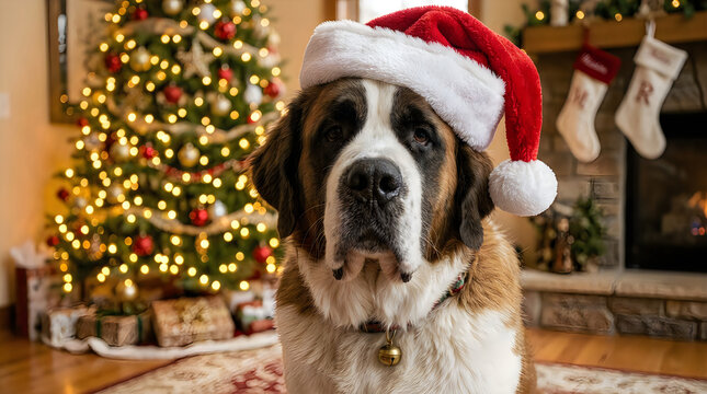 A cute saint bernard dog wearing a festive santa hat during the christmas holiday season