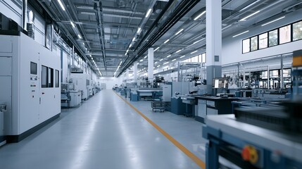 Fototapeta premium A modern factory interior featuring long aisles lined with industrial hinery and bright overhead lighting