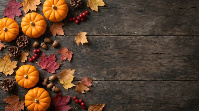 Small pumpkins and autumn leaves on dark wood