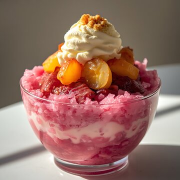 Colorful Halo Halo Filipino Dessert with Shaved Ice, Fruit and Whipped Cream