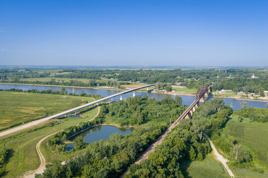 Highway and railroad bridges across the Missouri RIver at Rulo, Nebraska, summer aerial view