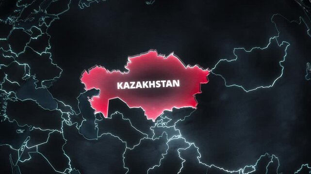 Stylized digital map of Kazakhstan, Central Asia, featuring a red alert territory highlight, glowing outlines, and typography for a travel and news-style graphic template.
