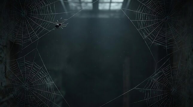 Small spider on cobweb in dark room