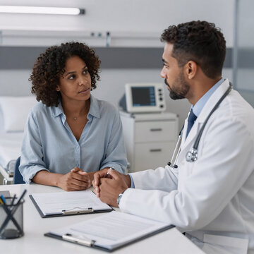 Graffiti Insurance Natural. Black Woman Patient Consults With Healthcare Professional And Insurance Agent For Diagnosis In A Hospital Setting