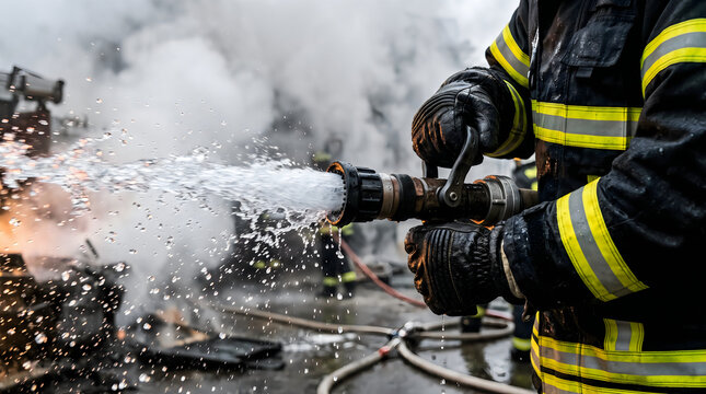 Firefighter hands holding hose nozzle spraying water at fire scene