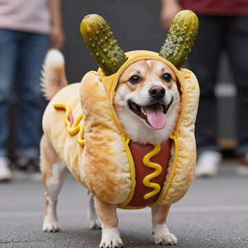 Whimsical Hotdog Dressing. Dog In Hotdog Costume, Comical Scene