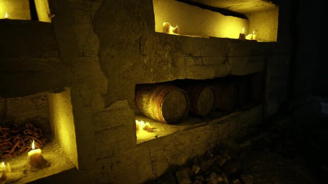 Secret speakeasy alcove lit by candles, wooden barrels tucked into stone shelves, battered staves and soft amber light evoking clandestine evenings and vintage
