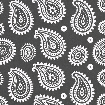 Linocut Pattern Paisley. A Dark Gray And White Paisley Pattern Serves As A Simple, Ethnic-Inspired Seamless Background For Fabric Wallpaper Scrapbooking Projects Or Digital Designs