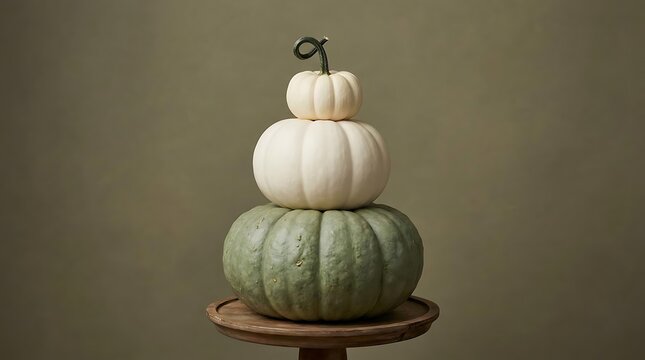 Stacked green and white pumpkins on wooden stand