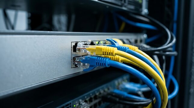 Network switch in a server rack connected with yellow and blue ethernet cables. Ideal for IT and data center concepts.
