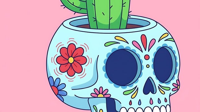 Sugar skull planter with green cactus on pink background