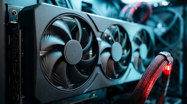 Close-up of a powerful triple fan graphics card inside a gaming PC. Ideal for hardware and technology concepts.