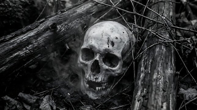 Human skull among forest logs and leaves