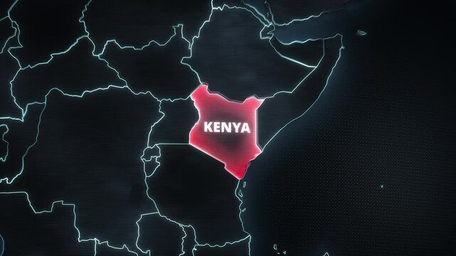 Map animation highlighting Kenya, East Africa, featuring glowing borders, a red territory fill, and bold typography for a travel and news-style graphic template.
