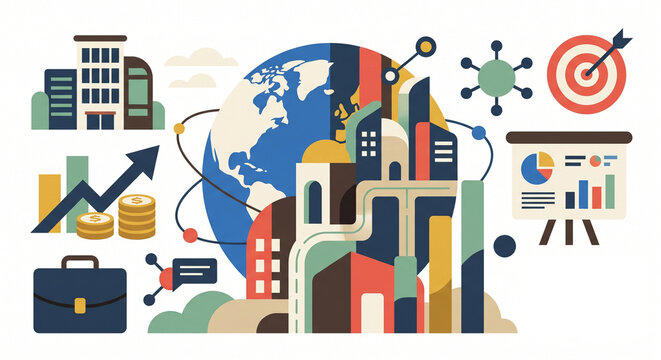 Global Business Growth and Financial Strategy Illustration with Globe, City Buildings, Charts, and Target
