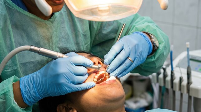Professional Dentist in Gloves Performing Treatment on Patient in Modern Clinic