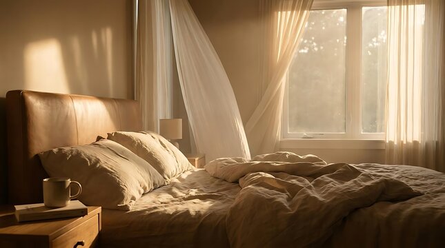 Unmade bed with sunlight in bedroom