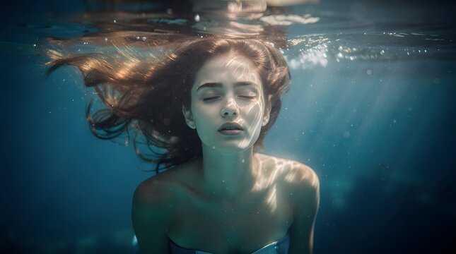 Beautiful young woman swimming underwater with eyes closed in blue water.