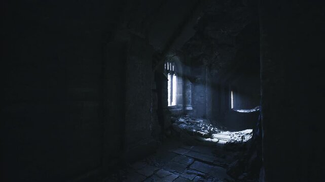 Sunlit ruin floor with dust motes and warm patch of light, broken tiles and scattered stones reveal textured surface gentle warmth contrasts cool shadows,