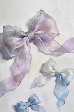 Translucent tulle bows star glitter aesthetic art Sheer organza bows, dreamy starry nebula decor Macaron sheer bows, soft haze gradient illustration 