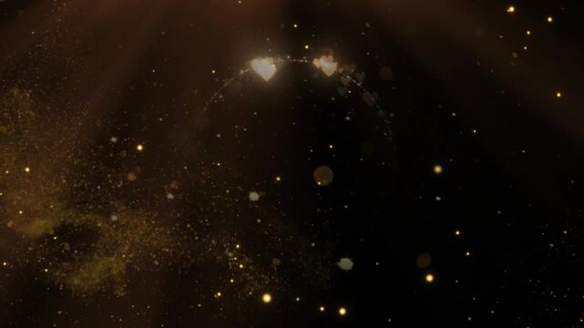 Golden heart frame glowing particles floating dark background romantic celebration motion graphics design element with hearts surrounded shimmering luminous circle formed