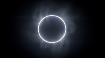 Fototapeta premium A glowing ring of light surrounded by ethereal smoke against a dark background.