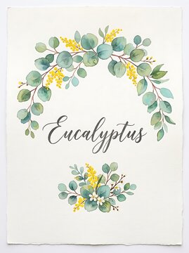 Watercolor eucalyptus and mimosa wreath with calligraphy text, botanical plant on off-white textured paper background
