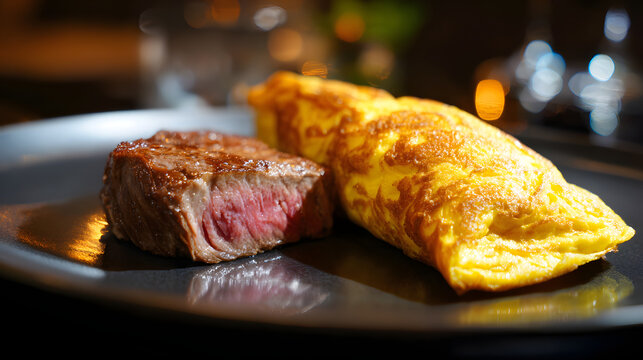 Golden Crispy Thai Omelette Paired with Juicy Medium-Rare Beef Steak in Elegant Warm Restaurant Light