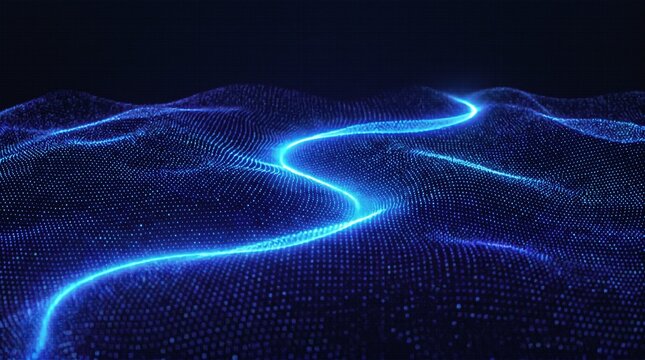 Glowing blue digital particle wave landscape with a bright light streak flowing across a dark textured surface of interconnected dots representing data connectivity and network flow