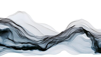 Fototapeta premium Graceful abstract ink like waves flow across a clean white background in soft gradients of black and blue tones