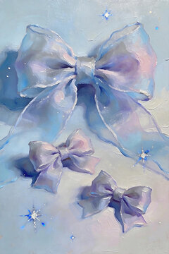 Translucent tulle bows star glitter aesthetic art Sheer organza bows, dreamy starry nebula decor Macaron sheer bows, soft haze gradient illustration 