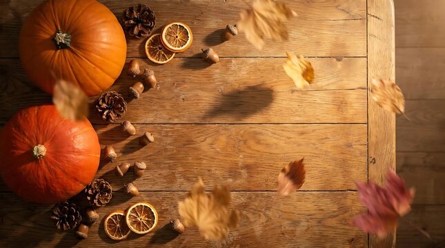 Autumn pumpkin decor with dried orange and falling leaf