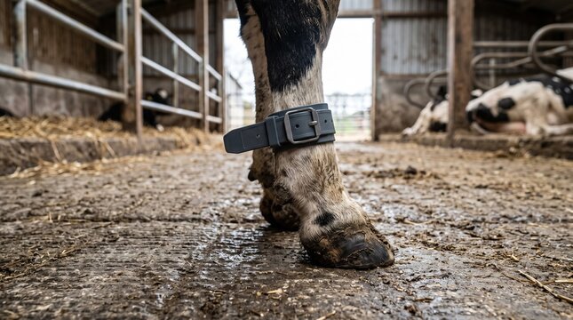 Cow leg with electronic sensor tracker on modern dairy farm