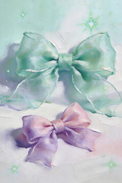 Translucent tulle bows star glitter aesthetic art Sheer organza bows, dreamy starry nebula decor Macaron sheer bows, soft haze gradient illustration 